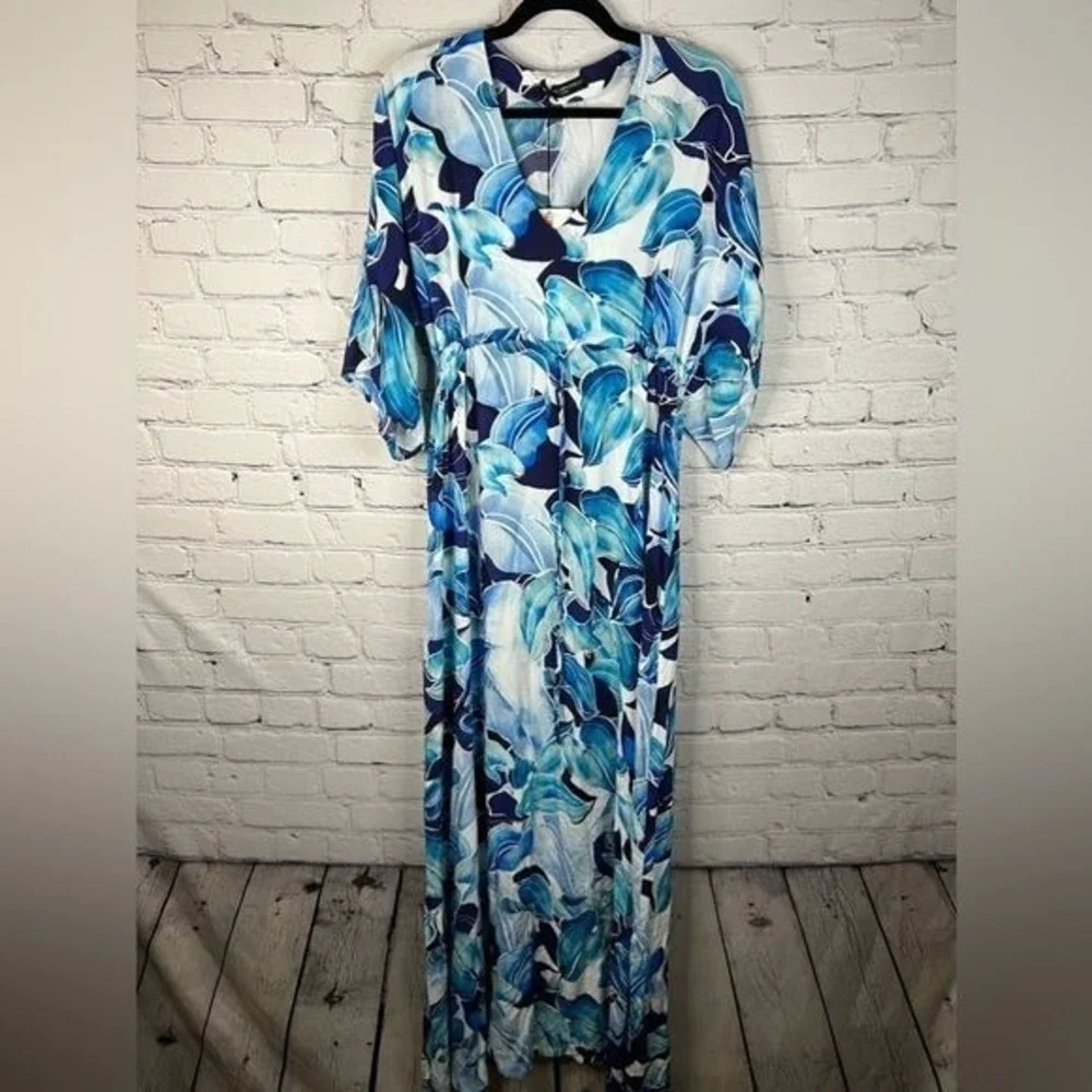 Pietro Brunelli Verbena Maternity Maxi Dress Short Slit Sleeve Blue White Floral